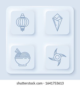 Set line Japanese paper lantern, Temaki roll, Asian noodles in bowl and chopsticks and Japanese ninja shuriken. White square button. Vector
