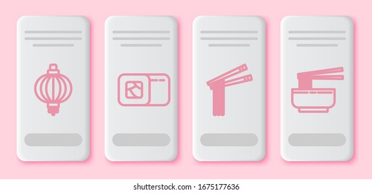 Set line Japanese paper lantern, Sushi, Asian noodles and chopsticks and Asian noodles in bowl and chopsticks. White rectangle button. Vector