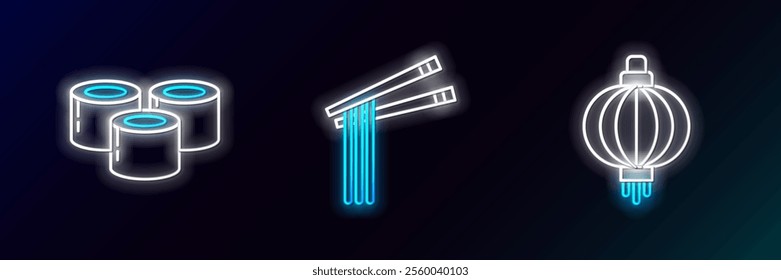 Set line Japanese paper lantern, Sushi and Asian noodles and chopsticks icon. Glowing neon. Vector