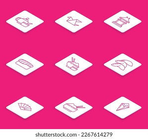 Set line Japanese tea ceremony, Origami bird, Gate, Sushi, Rice in bowl with chopstick, Chinese fortune cookie, Paper chinese japanese folding fan and  icon. Vector