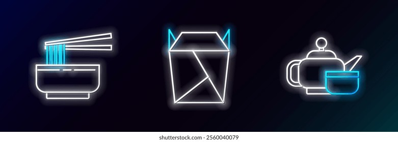 Set line Japanese tea ceremony, Asian noodles in bowl and chopsticks and Rstaurant opened take out box filled icon. Glowing neon. Vector