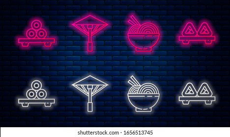 Set line Japanese umbrella from the sun, Asian noodles in bowl and chopsticks, Sushi on cutting board and Sushi on cutting board. Glowing neon icon on brick wall. Vector