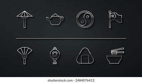 Set line Japanese umbrella from the sun, Chinese or japanese folding fan, China flag on flagpole, Sushi, paper lantern, tea ceremony, Asian noodles bowl and Yin Yang icon. Vector