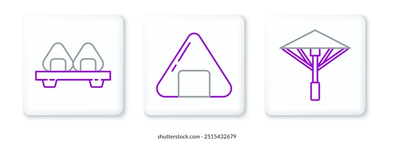 Set line Japanese umbrella from the sun, Sushi on cutting board and  icon. Vector