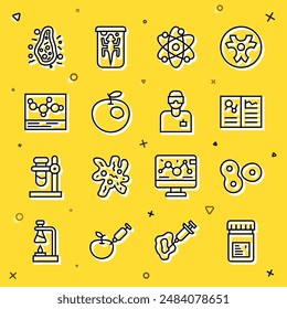 Set line Jar with additives, Cell division, Clinical record, Atom, Genetically modified apple, Chemical formula, Bacteria and Laboratory assistant icon. Vector