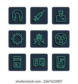 Fijar la línea Jar con aditivos, Espectrometro, libro de ingeniería genética, asistente de laboratorio, insecto experimental, fórmula química, icono de imán y biosímetro. Vector
