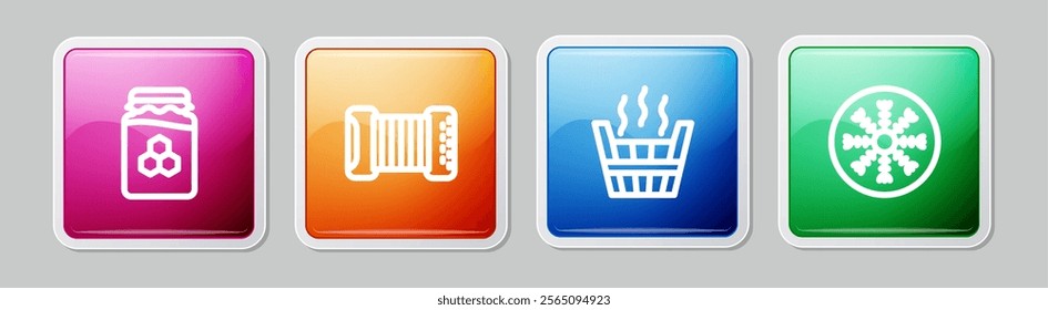 Set line Jar of honey, Accordion, Sauna bucket and Snowflake. Colorful square button. Vector