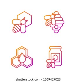 Set line Jar of honey with bee, Honeycomb, Bee and honeycomb and Hive for bees. Gradient color icons. Vector