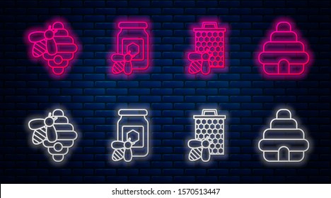 Set line Jar of honey with bee, Bee and honeycomb, Hive for bees and Hive for bees. Glowing neon icon on brick wall. Vector