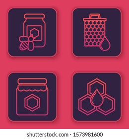 Set line Jar of honey with bee, Jar of honey, Honeycomb and Honeycomb. Blue square button. Vector