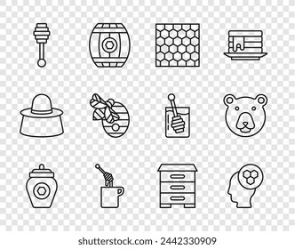 Set line Jar of honey, Beekeeper, Honeycomb, dipper stick with, Hive for bees,  and Bear head icon. Vector