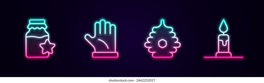 Set line Jar of honey, Beekeeper glove, Hive for bees and Burning candle. Glowing neon icon. Vector