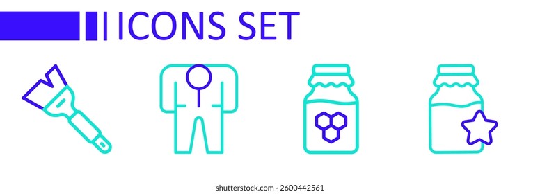 Set line Jar of honey, Beekeeper costume and Beekeeping brush icon. Vector