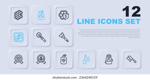 Set line Jar of honey, Beekeeping brush, Cutter roll for, Drops, Stop bee, Best, and dipper stick and Cosmetic tube with icon. Vector
