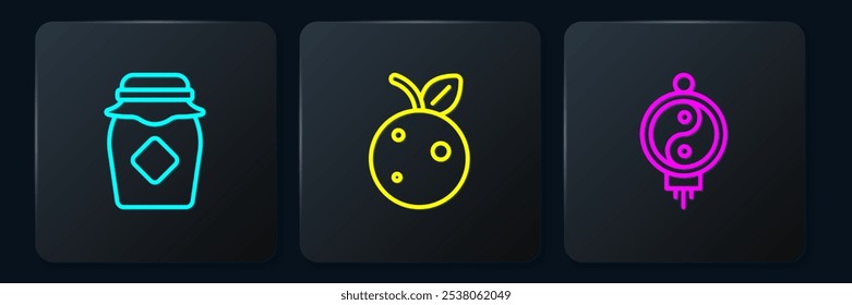 Set line Jar of honey, Chinese paper lantern and Peach fruit or nectarine. Black square button. Vector