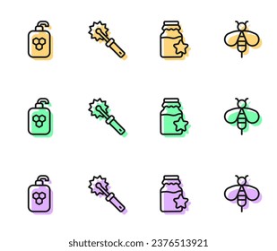 Set line Jar of honey, Cosmetic tube with, Cutter roll for and Bee icon. Vector