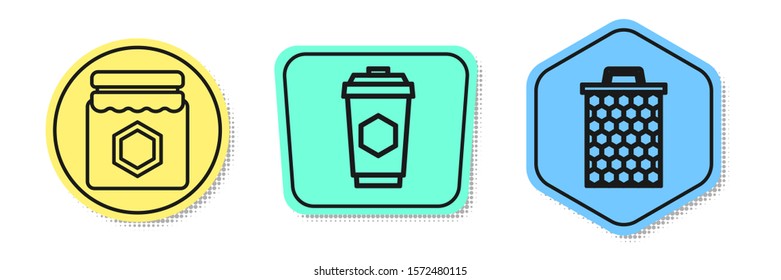 Set line Jar of honey, Cup of tea with honey and Honeycomb. Colored shapes. Vector