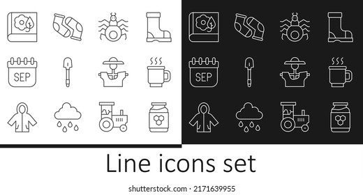 Set line Jar of honey, Cup tea, Spider, Shovel, September calendar autumn, Herbarium, Scarecrow and Socks icon. Vector