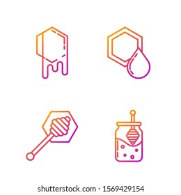 Set line Jar of honey and honey dipper stick, Honey dipper stick, Honeycomb and Honeycomb. Gradient color icons. Vector