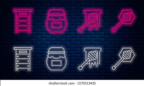 Set line Jar of honey, Honey dipper stick with dripping honey, Hive for bees and Honey dipper stick. Glowing neon icon on brick wall. Vector