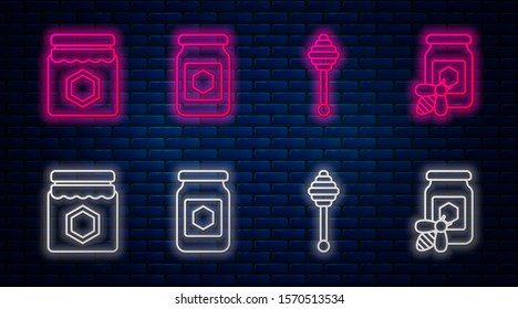 Set line Jar of honey, Honey dipper stick, Jar of honey and Jar of honey with bee. Glowing neon icon on brick wall. Vector