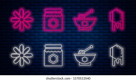 Set line Jar of honey, Honey dipper stick and bowl, Flower and Honeycomb. Glowing neon icon on brick wall. Vector