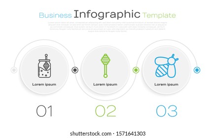 Set line Jar of honey and honey dipper stick, Honey dipper stick and Bee. Business infographic template. Vector