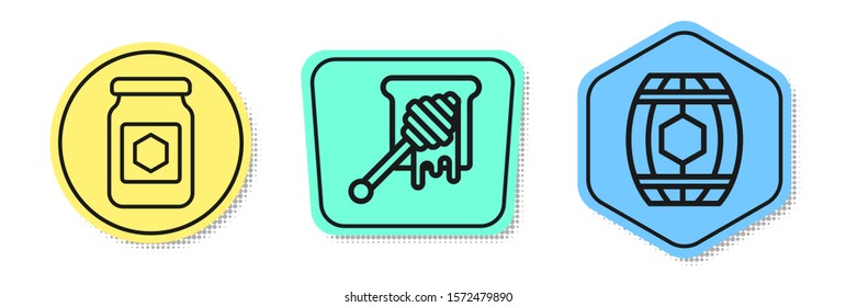 Set line Jar of honey, Honey dipper stick with dripping honey and Wooden barrel with honey. Colored shapes. Vector