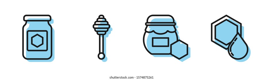 Set Line Jar Of Honey, Jar Of Honey, Honey Dipper Stick And Honeycomb Icon. Vector