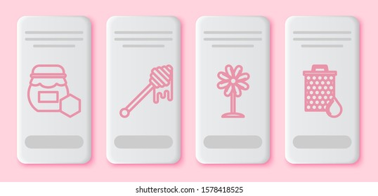Set line Jar of honey, Honey dipper stick with dripping honey, Flower and Honeycomb. White rectangle button. Vector