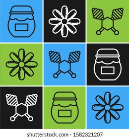 Set line Jar of honey, Honey dipper stick and Flower icon. Vector