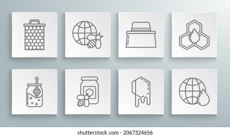 Set line Jar of honey and honey dipper stick, Honeycomb map the world bee, with, Beekeeper protect hat,  and  icon. Vector