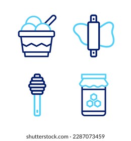 Set line Jar of honey, Honey dipper stick, Rolling pin dough and Ice cream bowl icon. Vector