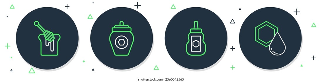 Set line Jar of honey, Honey dipper stick with and Honeycomb icon. Vector