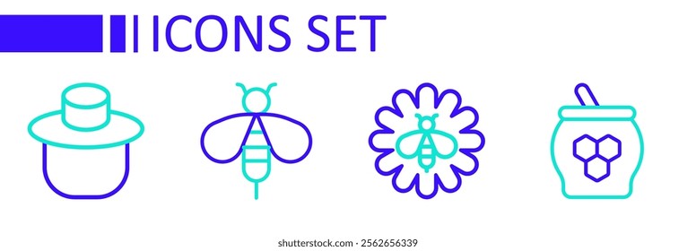 Set line Jar of honey and dipper stick, Bee flower,  and Beekeeper with protect hat icon. Vector