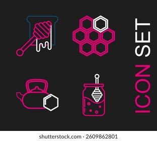 Set line Jar of honey and honey dipper stick, Tea kettle with, Honeycomb and dripping icon. Vector
