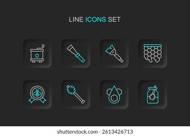 Set line Jar of honey and dipper stick, Honeycomb, Best bee, Beekeeping brush, knife and extractor icon. Vector