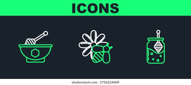 Set line Jar of honey and honey dipper stick, Honey bowl and Bee flower icon. Vector