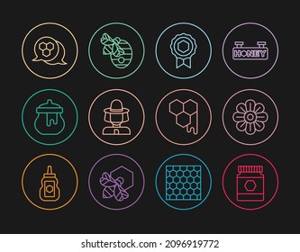 Set line Jar of honey, Flower, Honey medal, Beekeeper with protect hat, Honeycomb,  and Hive for bees icon. Vector
