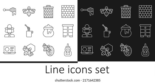 Set line Jar of honey, Hive for bees, Honeycomb, dipper stick with, Beekeeper protect hat,  and  icon. Vector