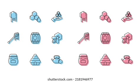 Set line Jar of honey, Hive for bees, Honeycomb, Tea kettle with, Wooden barrel, Bee and honeycomb, dipper stick dripping and  icon. Vector