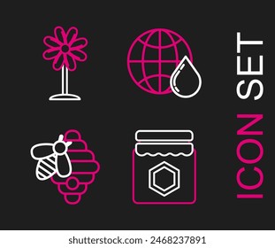 Set line Jar of honey, Hive for bees, Honeycomb map the world and Flower icon. Vector