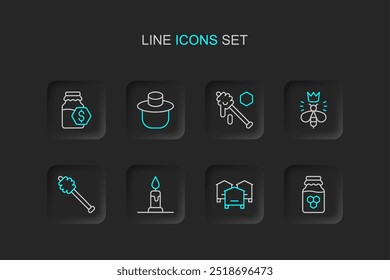 Set line Tarro de miel, colmena para abejas, vela en llamas, bastón de miel, reina, apicultor con sombrero de protección e icono de tarro de venta. Vector