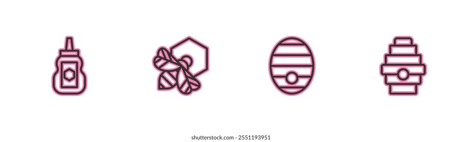 Set line Tarro de miel, colmena para abejas, abeja y panal e icono. Vector