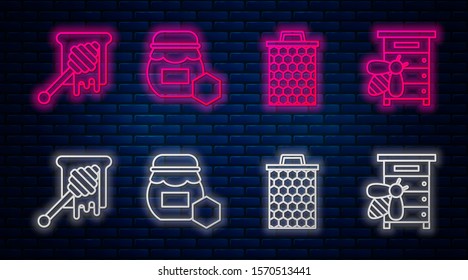 Set line Jar of honey, Honeycomb, Honey dipper stick with dripping honey and Hive for bees. Glowing neon icon on brick wall. Vector