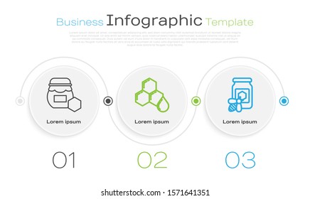 Set line Jar of honey, Honeycomb and Jar of honey with bee. Business infographic template. Vector