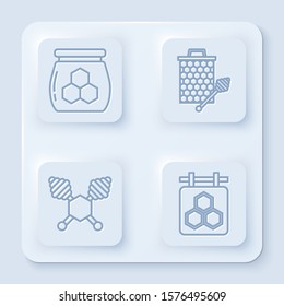 Set line Jar of honey, Honeycomb with honey dipper stickicon, Honey dipper stick and Hanging sign with honeycomb. White square button. Vector