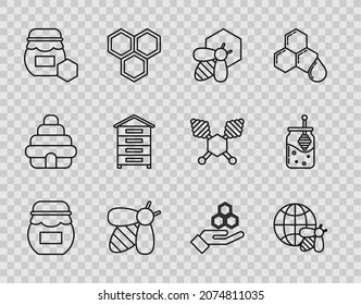 Set line Jar of honey, Honeycomb map the world and bee, Bee honeycomb, Hive for bees, hand and dipper stick icon. Vector