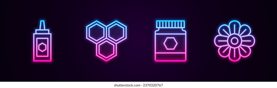 Set line Jar of honey, Honeycomb,  and Flower. Glowing neon icon. Vector