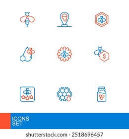 Set line Jar of honey, Honeycomb, Type bee, Sale bees, Bee and honeycomb, flower,  and location icon. Vector